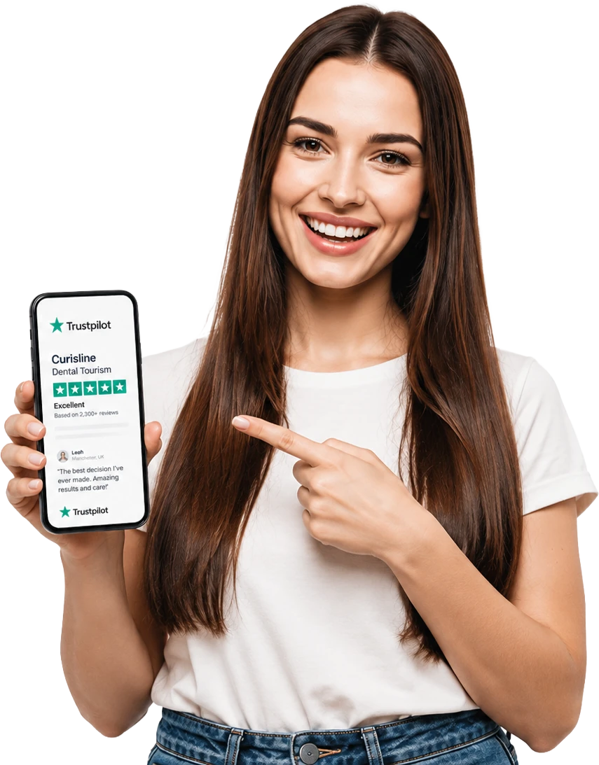 Curisline patient holding a phone displaying a Trustpilot review